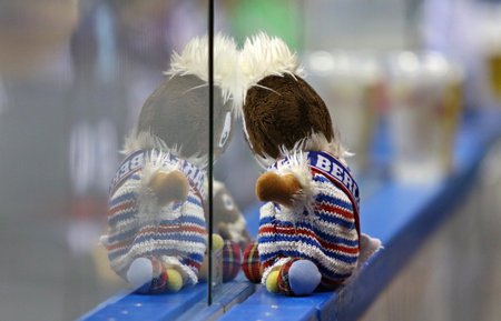 BERLIN, GERMANY - SEPTEMBER 22, 2017: Little Teddy Bear Mascot on tribunes of Mercedes-Benz Arena during the Deutsche Eishockey Liga (DEL) game Eisbaren Berlin v Kolner Haieのeditorial素材