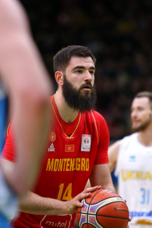 KYIV, UKRAINE - FEBRUARY 22, 2019: Bojan Dubljevic of Montenegro throws the ball into basket during...