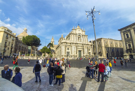 Catania, Italy - May 15, 2018: Panoramic view of Cathedral Square (Piazza Duomo) and Cathedral of Santa Agatha (Catania Duomo) in Catania city, Sicily, Italyのeditorial素材