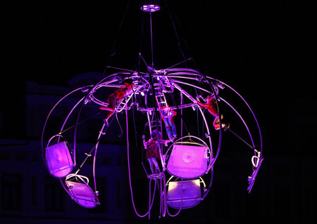 Kyiv, Ukraine - March 30, 2019: Aerial actors perform during the French Spring 2019 festival on Sofia Square in Kyiv. French Spring in Ukraine - annual festival of French culture in Ukraineのeditorial素材