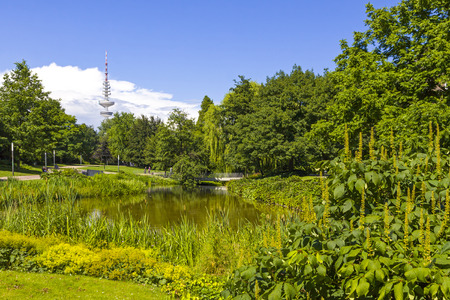 Planten un Blomen (Plants and Flowers in English) - park in the center of Hamburg, Germany. Park is popular place in the city. Famous for its water-light concerts, public theater and music performancesの写真素材