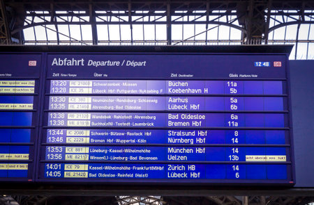 Hamburg, Germany - June 26, 2014: Departure board of the Hamburg Hauptbahnhof railway station (Hamburg Hbf). Germany's busiest railway stationのeditorial素材