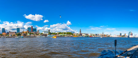 Panoramic sunny view of Hamburg harbour and Elbe river, Germany. Port of Hamburg and Building of Elbphilharmonie on the backgroundのeditorial素材