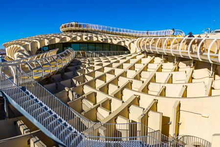 Seville, Spain - December 15, 2017: The Metropol Parasol (Setas de Sevilla), structure in shape of a pergola made of wood and concrete located at La Encarnacion square in Seville old town, Spainのeditorial素材
