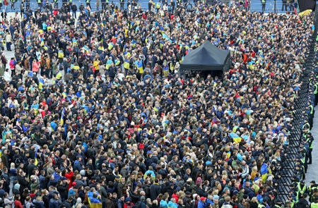 Kyiv, Ukraine - April 19, 2019: People watch the Presidential Debate of current President of Ukraine Petro Poroshenko and candidate Volodymyr Zelensky at the NSC Olimpiyskiy stadium in Kyivのeditorial素材