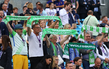 KYIV, UKRAINE - MAY 24, 2018: VFL Wolfsburg supporters show their support during the UEFA Women's Champions League Final 2018 game against Olympique Lyonnais at Valeriy Lobanovskiy Stadium in Kyivのeditorial素材