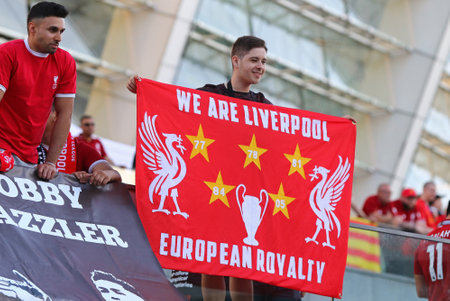 KYIV, UKRAINE - MAY 26, 2018: Liverpool supporters show their support near the NSC Olimpiyskiy Stadium in Kyiv before the UEFA Champions League Final 2018 game against Real Madridのeditorial素材