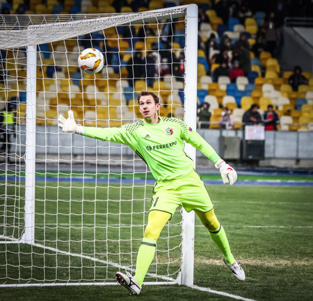 KYIV, UKRAINE - NOVEMBER 29, 2018: Goalkeeper Bohdan Shust of Vorskla Poltava in action during the UEFA Europa League game against Arsenal at NSC Olimpiyskyi stadium in Kyiv, Ukraine. Vorskla lost 0-3のeditorial素材