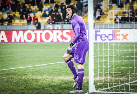 KYIV, UKRAINE - NOVEMBER 29, 2018: Goalkeeper Petr Cech of Arsenal in action during the UEFA Europa League game against Vorskla Poltava at NSC Olimpiyskyi stadium in Kyiv, Ukraine. Arsenal won 3-0のeditorial素材