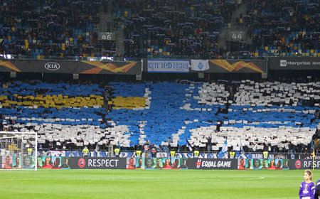 KYIV, UKRAINE - MARCH 14, 2019: FC Dynamo Kyiv fans show their support during the UEFA Europa League...