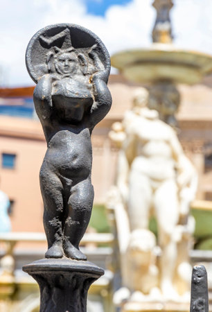 Palermo, Italy - May 10, 2018: Details of Praetorian Fountain (Italian: Fontana Pretoria) in Palermo, Sicily. Built by Francesco Camilliani in 1554 in Florence, transferred to Palermo in 1574のeditorial素材