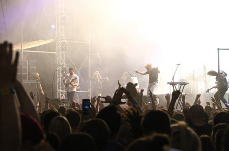 Kyiv, Ukraine - July 8, 2018: Enter Shikari, British alternative post hardcore rock band performs live at the Atlas Weekend Music Festival in National Expocenter in Kyivのeditorial素材