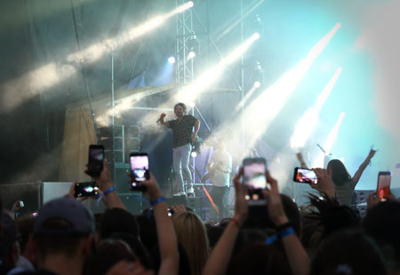 Kyiv, Ukraine - July 8, 2018: Enter Shikari, British alternative post hardcore rock band performs...