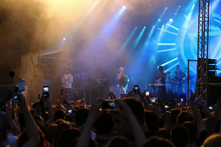 Kyiv, Ukraine - July 8, 2018: Crowd of fans enjoy British alternative post hardcore rock band Enter Shikari live performance at the Atlas Weekend Music Festival in National Expocenter in Kyivのeditorial素材