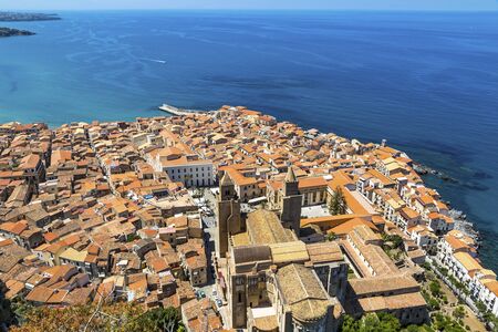 Aerial view of Cefalu old town, Sicily, Italy. One of the major tourist attractions in Sicily.の写真素材