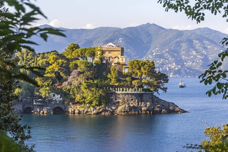 Beautiful natural view of the Bay of Paraggi in Santa Margherita Ligure, Mediterranean seacoat near luxury sea resort Portofino, Italyの写真素材