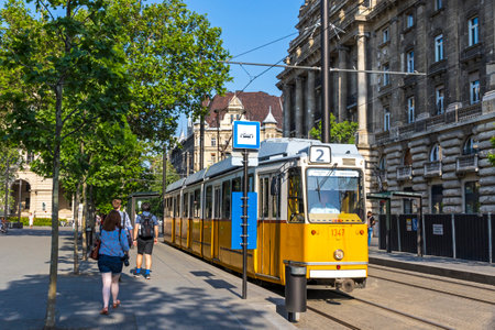 Budapest, Hungary - May 5, 2018: Tram of scenic route No. 2 departures from Kossuth Lajos ter M stop. Budapest tram network is one of world largest tram networks, total route is over 156kmのeditorial素材