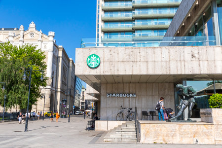 Budapest, Hungary - May 5, 2018: Starbucks Promenade Cafe on Vigado square in center of Budapest city. Starbucks opened its first store in Budapest in June 2010のeditorial素材