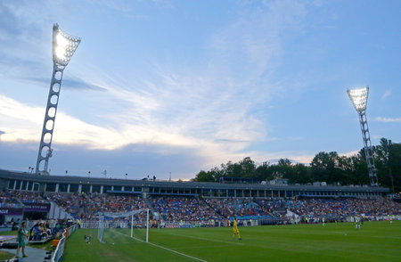 KYIV, UKRAINE - MAY 24, 2018: Panoramic view of Lobanovskiy Stadium in Kyiv during the UEFA Women's Champions League Final 2018 game Olympique Lyonnais v Wolfsburgのeditorial素材
