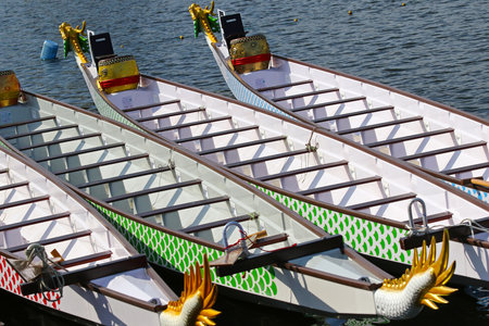Kyiv, Ukraine - September 13, 2019: Colourful Dragon Boats seen during the ICF Dragon Boat Club Crew...