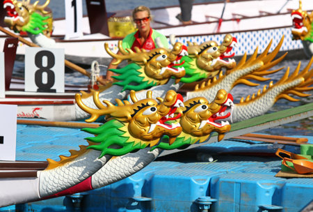 Kyiv, Ukraine - September 13, 2019: Colourful Dragon Boats seen during the ICF Dragon Boat Club Crew World Championships 2019 on Dnipro river in Kyiv, Ukraineのeditorial素材