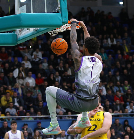 KYIV, UKRAINE - SEPTEMBER 26, 2019: JP Tokoto of San Pablo Burgos makes a slam dunk during the FIBA...