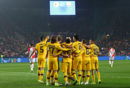 PRAGUE, CZECHIA - OCTOBER 23, 2019: Barcelona players celebrate after scored a goal during the UEFA Champions League game against Slavia Praha at Eden Arena in Prague. Barcelona won 2-1のeditorial素材