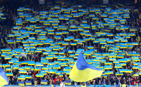 Kyiv, Ukraine - October 14, 2019: Ukrainian supporters show their support during the UEFA EURO 2020 Qualifying game Ukraine v Portugal at NSK Olimpiyskyi stadium in Kyiv, Ukraineのeditorial素材