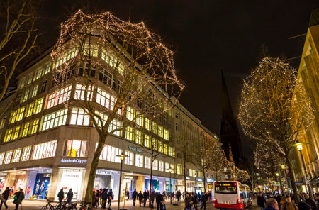 Hamburg, Germany - December 14, 2018: Night view of Monckebergstrasse (also called Mo), one of the main shopping streets in Hamburg, Germany. Street decorated with Christmas lightsのeditorial素材