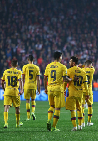PRAGUE, CZECHIA - OCTOBER 23, 2019: Barcelona players celebrate after scored a goal during the UEFA Champions League game against Slavia Praha at Eden Arena in Prague. Barcelona won 2-1のeditorial素材