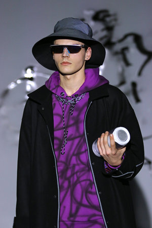 Kyiv, Ukraine - February 2, 2020: Model presents a collection of authentic Ukrainian clothes by designer ROUSSIN during the 46th Ukrainian Fashion Week season Fall/Winter 2020/21 in Kyivのeditorial素材