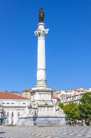 75 foot monument with a marble statue of Pedro IV on Rossio square (Pedro IV Square) in center of Lisbon city, Portugalの写真素材