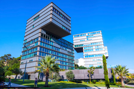Cascais, Portugal - Sep. 28, 2015: Estoril Sol Residence (Tetris Building) - modern apartment buiding constructed in 2011, located on Av. Marginal in Cascais. Architect: Goncalo Byrne Arquitectosのeditorial素材
