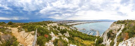 Panoramic view of Cagliari city, Sardinia island, Italy. View from the Devils Saddle (La Sella del Diavolo).の写真素材