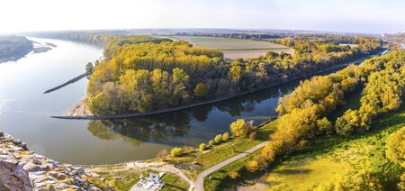 Panoramic scenery view of Danube and Morava rivers.の写真素材
