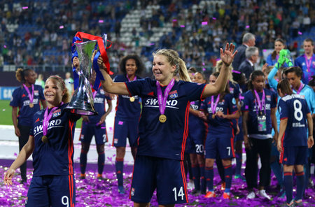KYIV, UKRAINE - MAY 24, 2018: Olympique Lyonnais players celebrate their winning of the UEFA Women's Champions League Final 2018 after the game against VFL Wolfsburg at Valeriy Lobanovskiy Stadiumのeditorial素材