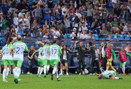 KYIV, UKRAINE - MAY 24, 2018: VFL Wolfsburg players react after scored a goal during the UEFA Women's Champions League Final 2018 game against Olympique Lyonnais at Valeriy Lobanovskiy Stadium in Kyivのeditorial素材
