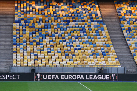 KYIV, UKRAINE - AUGUST 5, 2020: UEFA Europa League banner on a screenboard of NSC Olimpiyskyi stadium in Kyiv during the UEFA Europa League Round of 16 game Shakhtar Donetsk v VfL Wolfsburgのeditorial素材