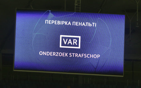 KYIV, UKRAINE - SEPTEMBER 29, 2020: Message of VAR penalty check seen on electronic scoreboard of NSC Olimpiyskyi stadium in Kyiv during the UEFA Champions League play-off game Dynamo Kyiv v Gentのeditorial素材
