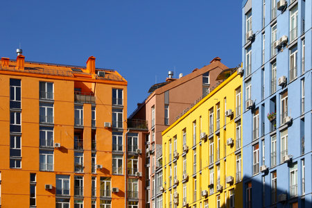 Kyiv, Ukraine - September 20, 2020: Bright colorful houses of modern housing estate Comfort Town in...