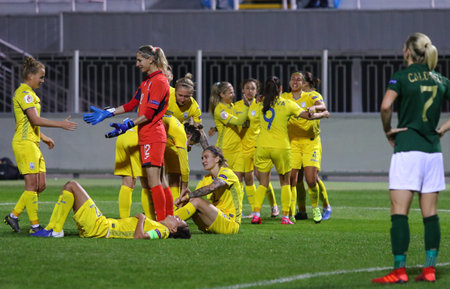 KYIV, UKRAINE - OCTOBER 23, 2020: UEFA Womens EURO 2022 Qualifying game Ukraine v Ireland at Obolon Arena in Kyiv, Ukraine. Ukrainian players celebrate after beating Ireland 1-0のeditorial素材