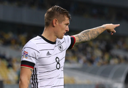 KYIV, UKRAINE - OCTOBER 10, 2020: Midfielder Toni Kroos of Germany in action during the UEFA Nations League game against Ukraine at NSK Olimpiyskiy stadium in Kyiv. Germany won 2-1のeditorial素材