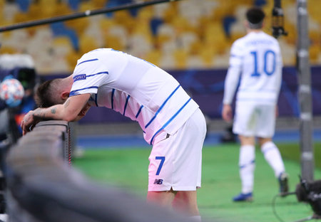 KYIV, UKRAINE - NOVEMBER 24, 2020: Benjamin Verbic of Dynamo Kyiv reacts during the UEFA Champions League game against Barcelona at NSC Olimpiyskyi stadium in Kyiv. Barcelona won 4-0のeditorial素材