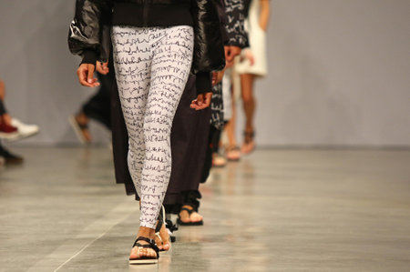 KYIV, UKRAINE - SEPTEMBER 1, 2018: Details of creation by designer FINCH seen during the Ukrainian Fashion Week Spring/Summer 2019 at Mystetskyi Arsenal in Kyiv, Ukraineのeditorial素材