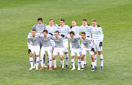 KYIV, UKRAINE - FEBRUARY 18, 2021: Dynamo Kyiv players pose for a group photo before UEFA Europa League game against Club Brugge at NSC Olimpiyskyi stadium in Kyiv, Ukraineのeditorial素材