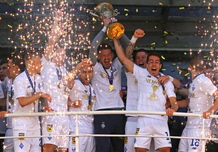 KYIV, UKRAINE - APRIL 25, 2021: FC Dynamo Kyiv players celebrate after winning the Ukrainian Premier League 2020-21 at NSC Olimpiyskiy stadium in Kyiv, Ukraine. Dynamo won 5-0 against Inhuletsのeditorial素材