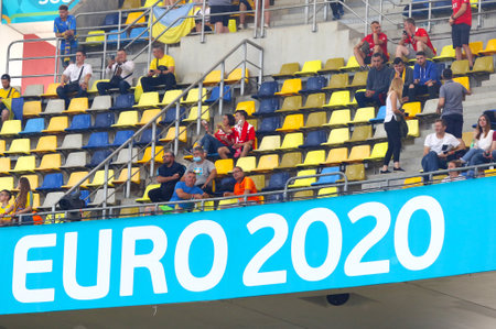 BUCHAREST, ROMANIA - JUNE 21, 2021: UEFA EURO 2020 logo on decoration board of the National Arena Bucharest stadium seen during the UEFA EURO 2020 game Ukraine v Austriaのeditorial素材