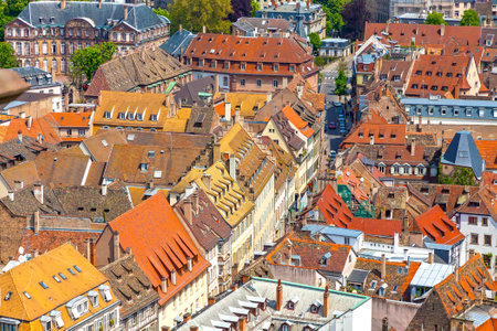 Skyline aerial view of Strasbourg old town, Grand Est region, France. Strasbourg Cathedral. View to...