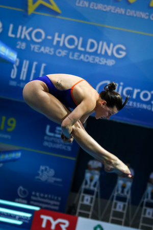 KYIV, UKRAINE - AUGUST 5, 2019: Inge Jansen of Netherlands performs during Team Event Final of the 2019 European Diving Championship in Kyiv, Ukraineのeditorial素材