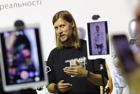 KYIV, UKRAINE - SEPTEMBER 2, 2021: Designer Maksim Golub (brand FINCH) seen during his interactive presentation as part of Ukrainian Fashion NoSeason Sept 2021 at Mystetskyi Arsenal in Kyiv, Ukraineのeditorial素材